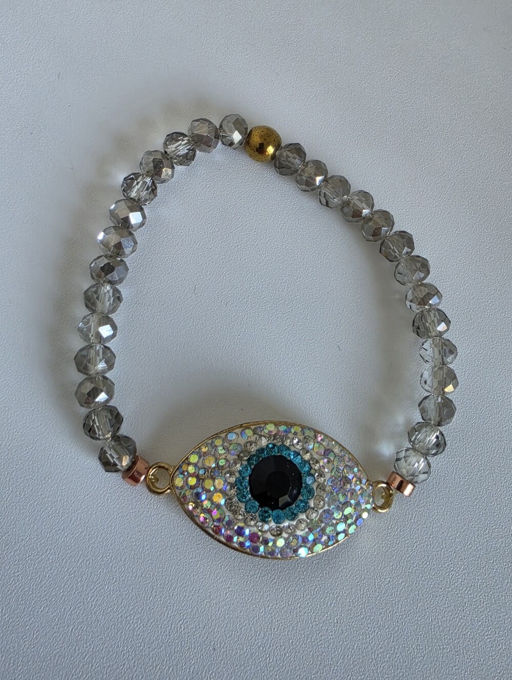 Handmade Evil Eye Stretch Bracelet Gray Crystal Beaded  Protection Charm - Picture 2 of 5